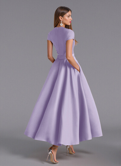 Classic V-Neck Short Sleeves Flower(s) A-Line Ankle-Length Satin Bridesmaid Dresses With Pockets
