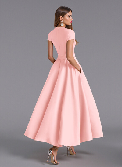 Classic V-Neck Short Sleeves Flower(s) A-Line Ankle-Length Satin Bridesmaid Dresses With Pockets