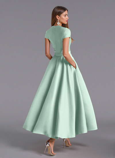 Classic V-Neck Short Sleeves Flower(s) A-Line Ankle-Length Satin Bridesmaid Dresses With Pockets