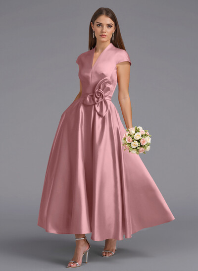 Classic V-Neck Short Sleeves Flower(s) A-Line Ankle-Length Satin Bridesmaid Dresses With Pockets