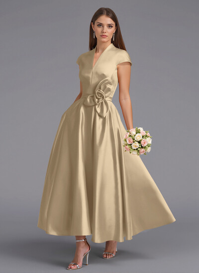 Classic V-Neck Short Sleeves Flower(s) A-Line Ankle-Length Satin Bridesmaid Dresses With Pockets