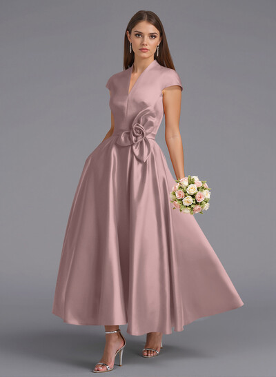 Classic V-Neck Short Sleeves Flower(s) A-Line Ankle-Length Satin Bridesmaid Dresses With Pockets