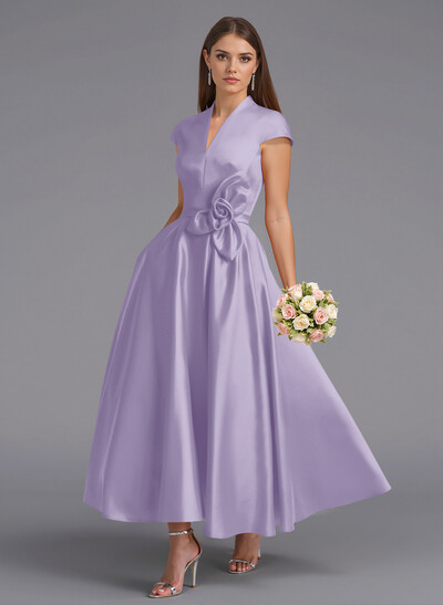 Classic V-Neck Short Sleeves Flower(s) A-Line Ankle-Length Satin Bridesmaid Dresses With Pockets