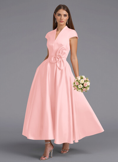 Classic V-Neck Short Sleeves Flower(s) A-Line Ankle-Length Satin Bridesmaid Dresses With Pockets