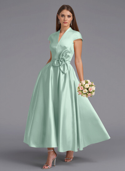 Classic V-Neck Short Sleeves Flower(s) A-Line Ankle-Length Satin Bridesmaid Dresses With Pockets