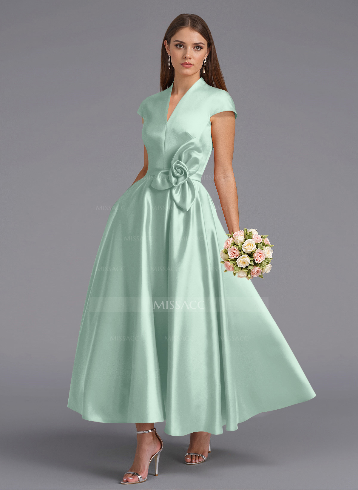 Classic V-Neck Short Sleeves Flower(s) A-Line Ankle-Length Satin Bridesmaid Dresses With Pockets