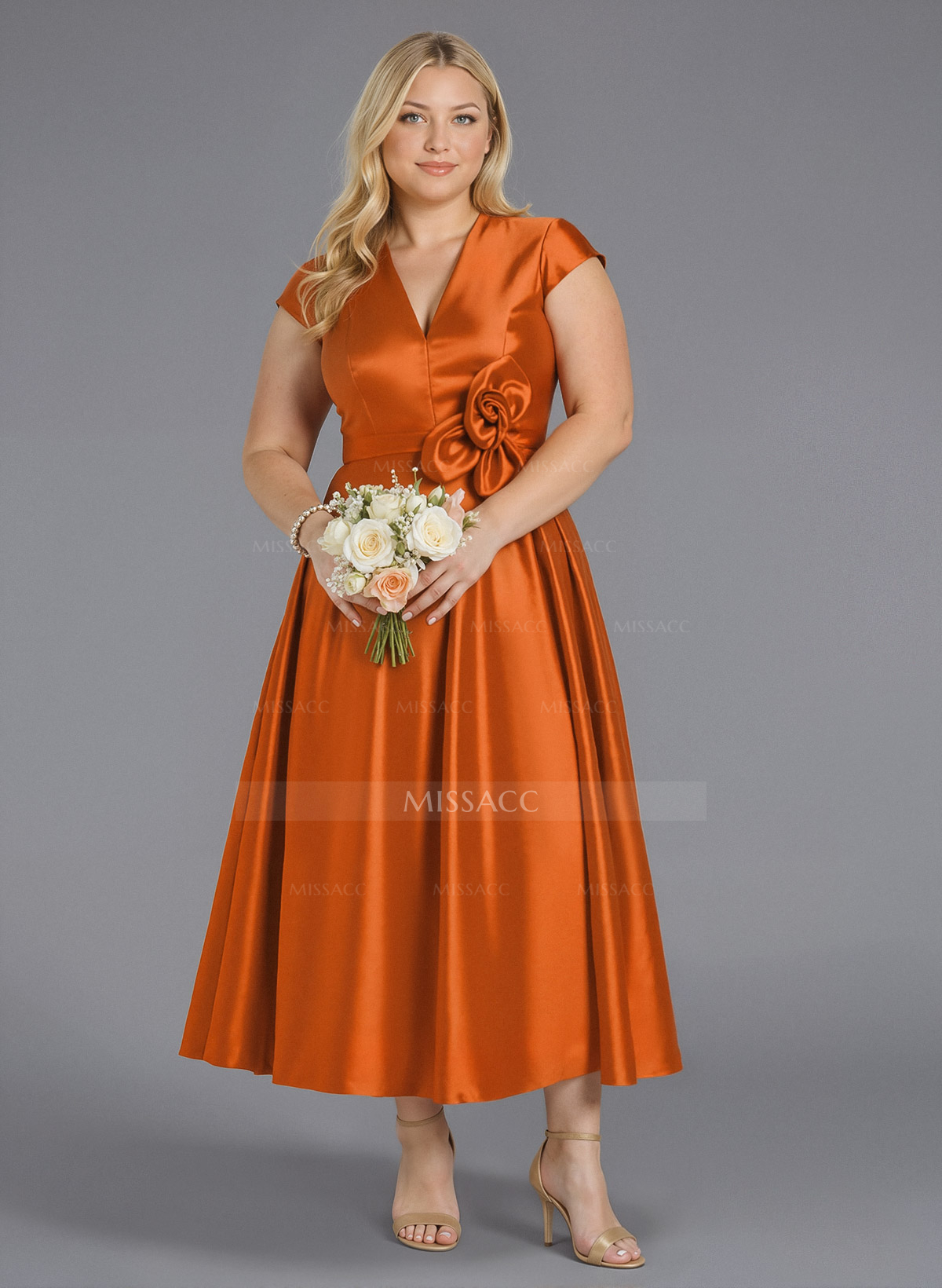 Classic V-Neck Short Sleeves Flower(s) A-Line Ankle-Length Satin Bridesmaid Dresses With Pockets