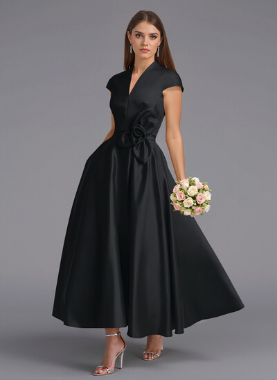 Classic V-Neck Short Sleeves Flower(s) A-Line Ankle-Length Satin Bridesmaid Dresses With Pockets