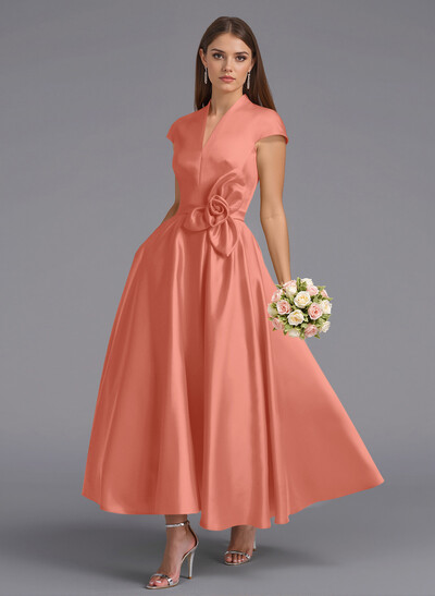 Classic V-Neck Short Sleeves Flower(s) A-Line Ankle-Length Satin Bridesmaid Dresses With Pockets