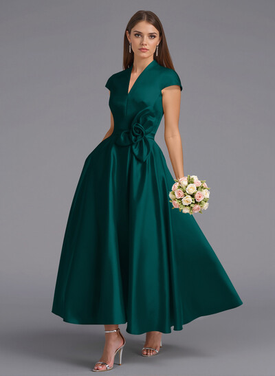 Classic V-Neck Short Sleeves Flower(s) A-Line Ankle-Length Satin Bridesmaid Dresses With Pockets