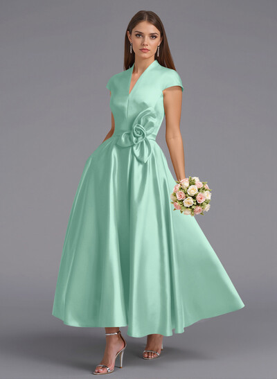 Classic V-Neck Short Sleeves Flower(s) A-Line Ankle-Length Satin Bridesmaid Dresses With Pockets