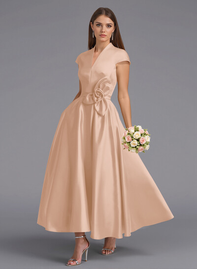 Classic V-Neck Short Sleeves Flower(s) A-Line Ankle-Length Satin Bridesmaid Dresses With Pockets