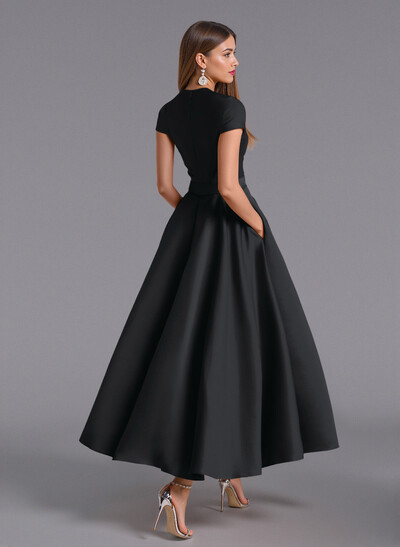 Classic V-Neck Short Sleeves Flower(s) A-Line Ankle-Length Satin Bridesmaid Dresses With Pockets