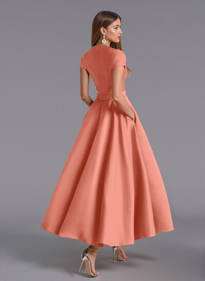 Classic V-Neck Short Sleeves Flower(s) A-Line Ankle-Length Satin Bridesmaid Dresses With Pockets