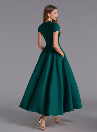 Classic V-Neck Short Sleeves Flower(s) A-Line Ankle-Length Satin Bridesmaid Dresses With Pockets