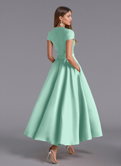 Classic V-Neck Short Sleeves Flower(s) A-Line Ankle-Length Satin Bridesmaid Dresses With Pockets