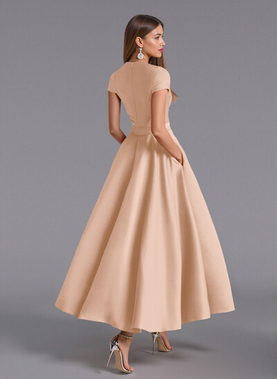 Classic V-Neck Short Sleeves Flower(s) A-Line Ankle-Length Satin Bridesmaid Dresses With Pockets