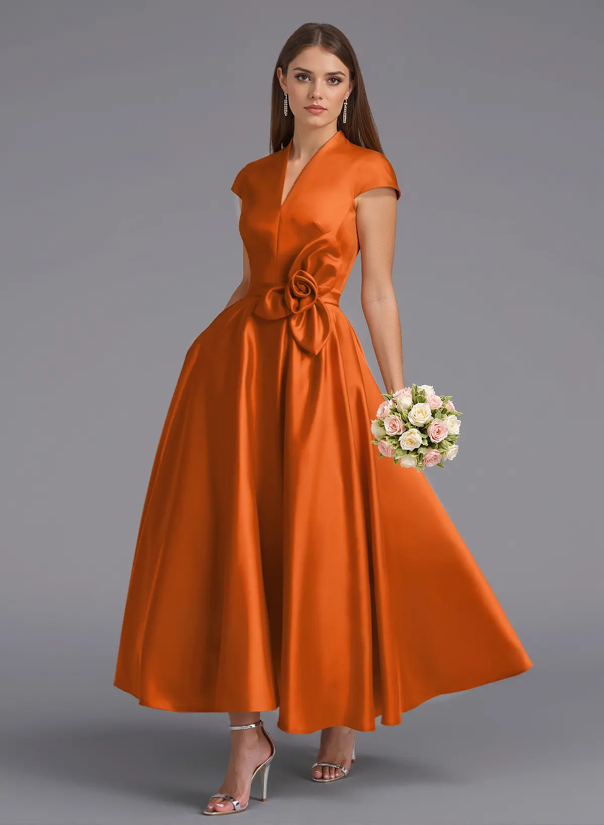 Classic V-Neck Short Sleeves Flower(s) A-Line Ankle-Length Satin Bridesmaid Dresses With Pockets