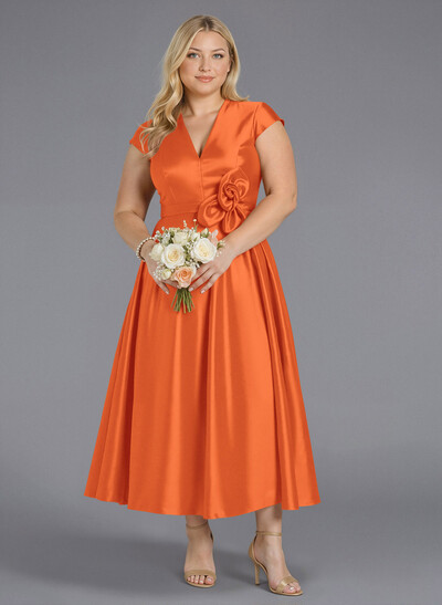Classic V-Neck Short Sleeves Flower(s) A-Line Ankle-Length Satin Bridesmaid Dresses With Pockets