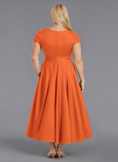 Classic V-Neck Short Sleeves Flower(s) A-Line Ankle-Length Satin Bridesmaid Dresses With Pockets