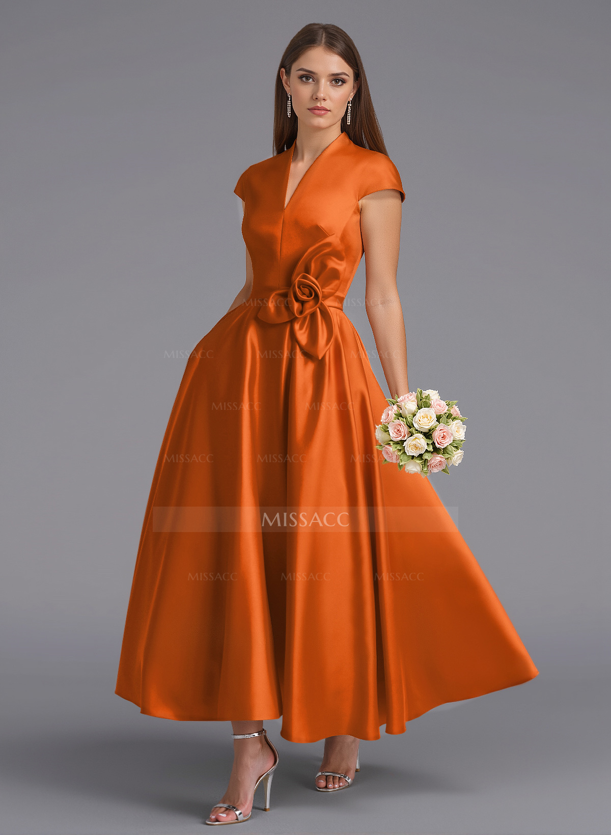 Classic V-Neck Short Sleeves Flower(s) A-Line Ankle-Length Satin Bridesmaid Dresses With Pockets