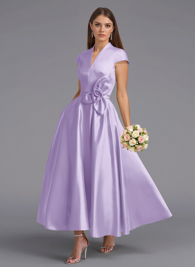 Classic V-Neck Short Sleeves Flower(s) A-Line Ankle-Length Satin Bridesmaid Dresses With Pockets