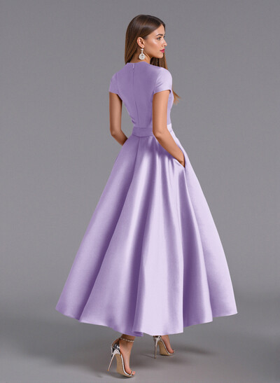 Classic V-Neck Short Sleeves Flower(s) A-Line Ankle-Length Satin Bridesmaid Dresses With Pockets