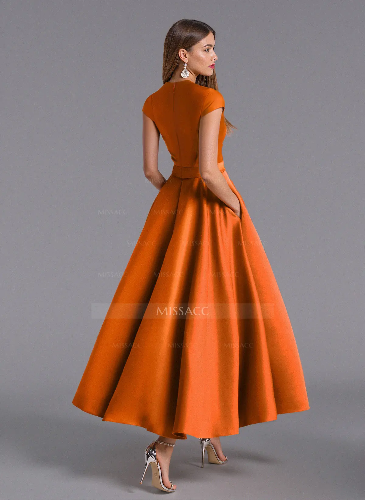 Classic V-Neck Short Sleeves Flower(s) A-Line Ankle-Length Satin Bridesmaid Dresses With Pockets - Missacc Classic V-Neck Short Sleeves Flower(s) A-Line Ankle-Length Satin Bridesmaid Dresses With Pockets - Missacc
