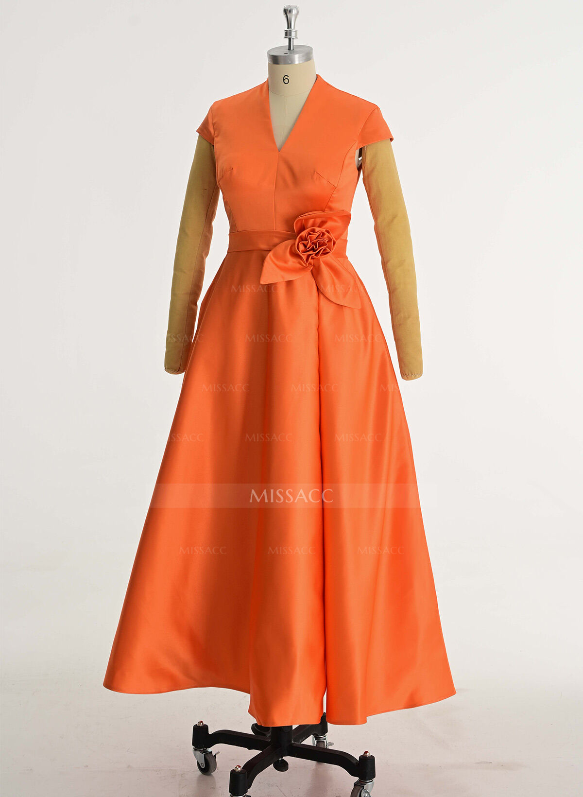 Classic V-Neck Short Sleeves Flower(s) A-Line Ankle-Length Satin Bridesmaid Dresses With Pockets