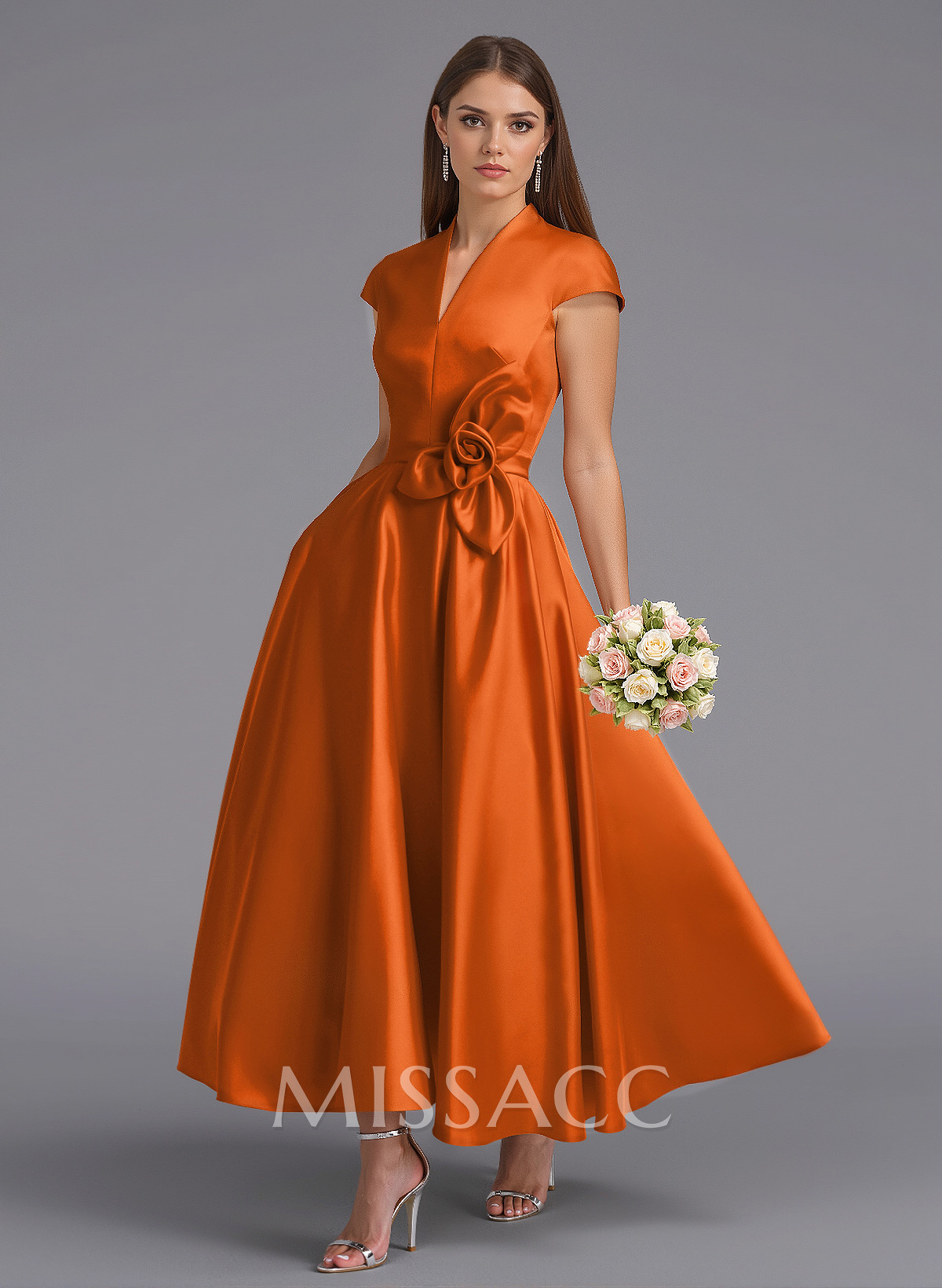 Classic V-Neck Short Sleeves Flower(s) A-Line Ankle-Length Satin Bridesmaid Dresses With Pockets Classic V-Neck Short Sleeves Flower(s) A-Line Ankle-Length Satin Bridesmaid Dresses With Pockets