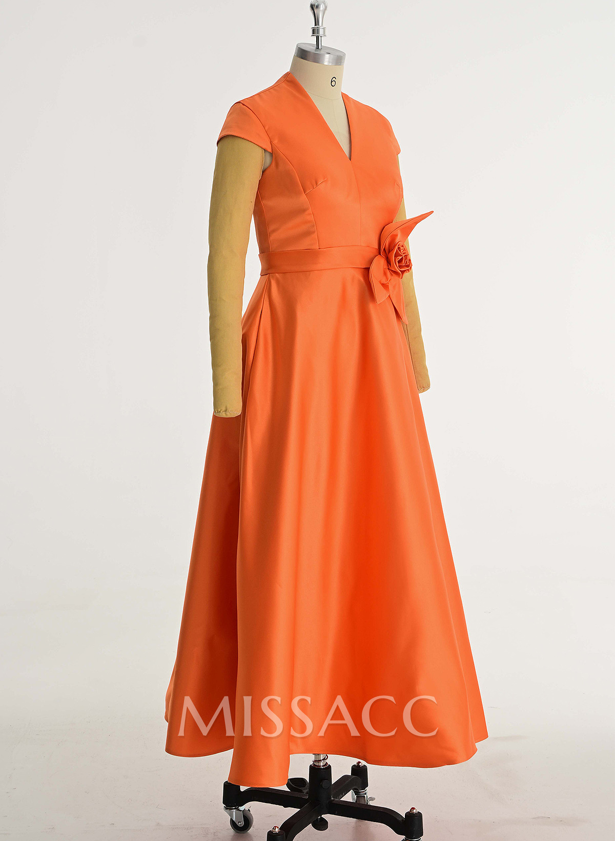 Classic V-Neck Short Sleeves Flower(s) A-Line Ankle-Length Satin Bridesmaid Dresses With Pockets Classic V-Neck Short Sleeves Flower(s) A-Line Ankle-Length Satin Bridesmaid Dresses With Pockets