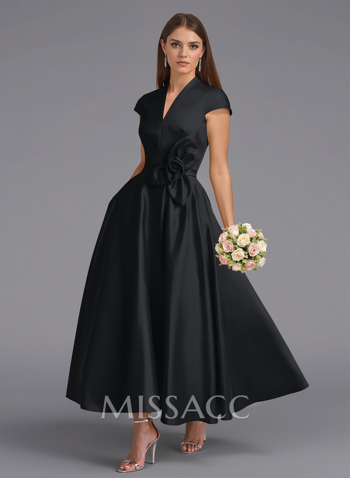 Classic V-Neck Short Sleeves Flower(s) A-Line Ankle-Length Satin Bridesmaid Dresses With Pockets