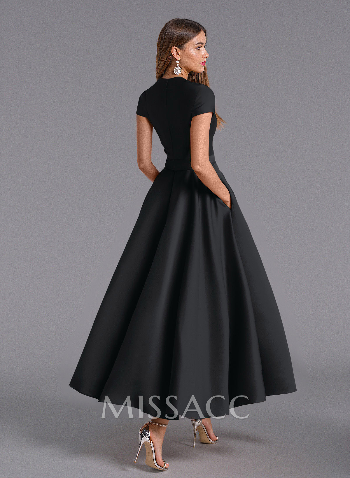 Classic V-Neck Short Sleeves Flower(s) A-Line Ankle-Length Satin Bridesmaid Dresses With Pockets