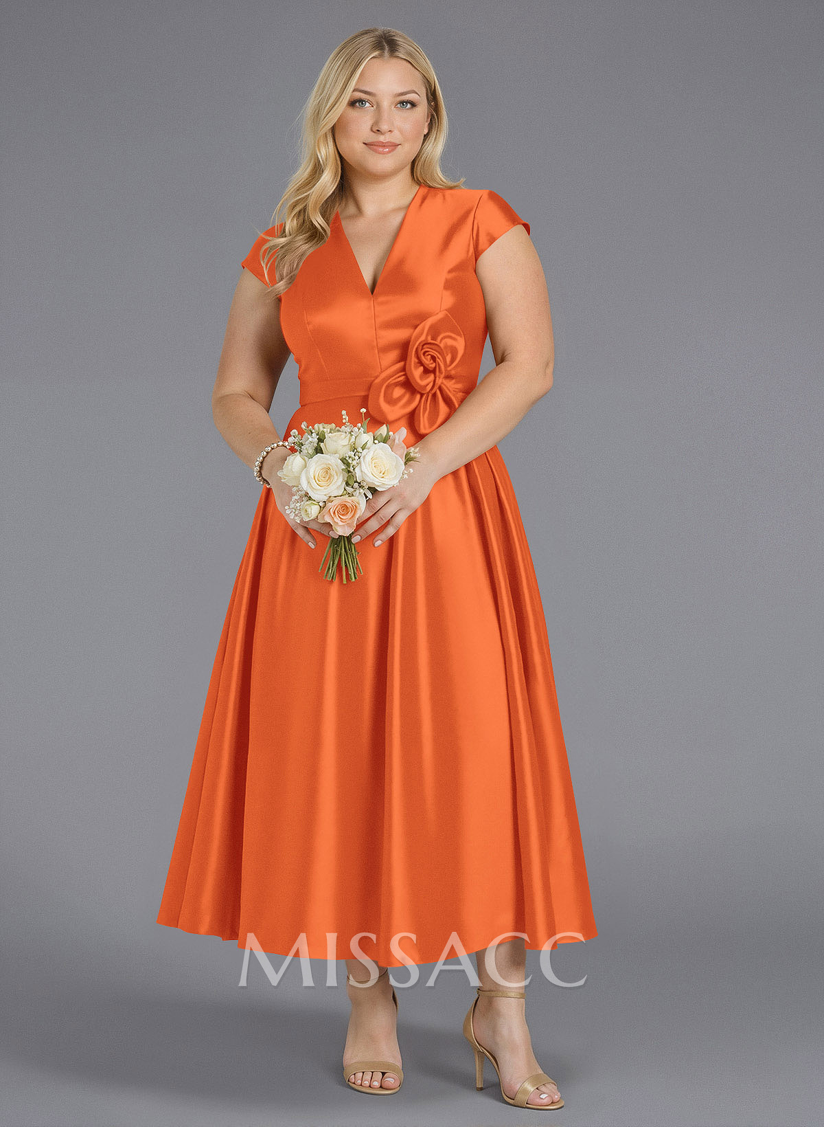 Classic V-Neck Short Sleeves Flower(s) A-Line Ankle-Length Satin Bridesmaid Dresses With Pockets Classic V-Neck Short Sleeves Flower(s) A-Line Ankle-Length Satin Bridesmaid Dresses With Pockets