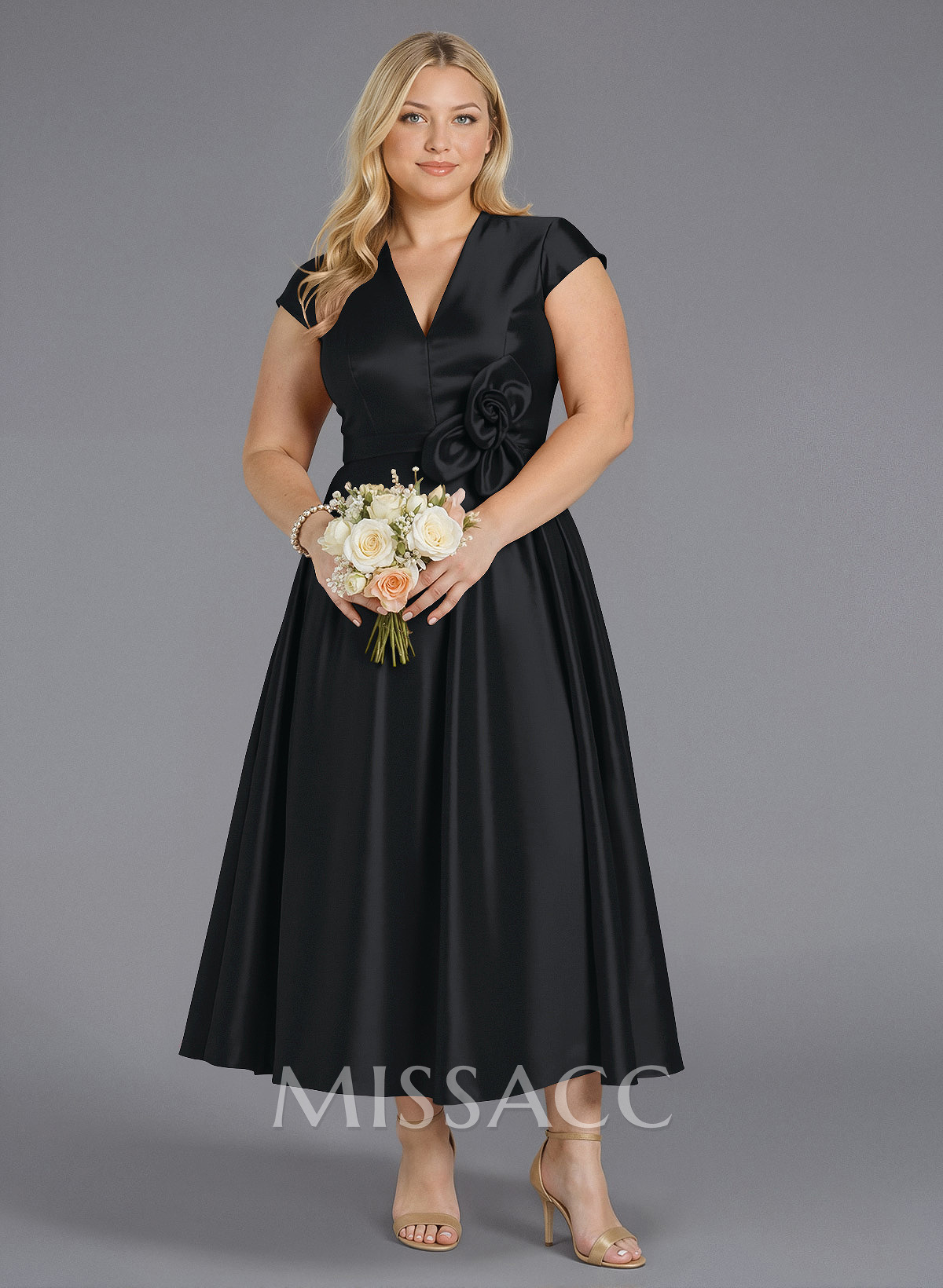 Classic V-Neck Short Sleeves Flower(s) A-Line Ankle-Length Satin Bridesmaid Dresses With Pockets