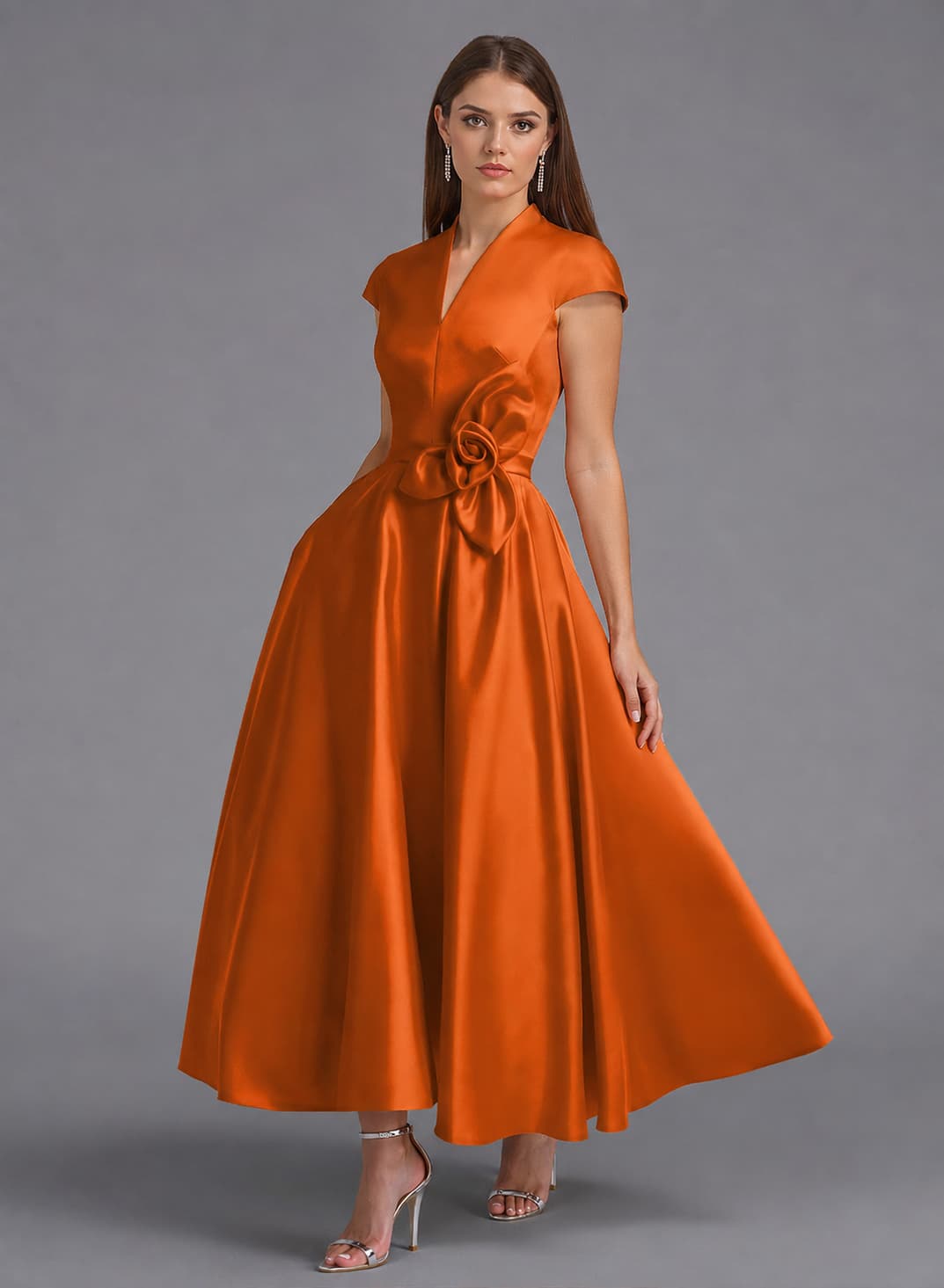 Classic V-Neck Short Sleeves Flower(s) A-Line Ankle-Length Satin Bridesmaid Dresses With Pockets Classic V-Neck Short Sleeves Flower(s) A-Line Ankle-Length Satin Bridesmaid Dresses With Pockets