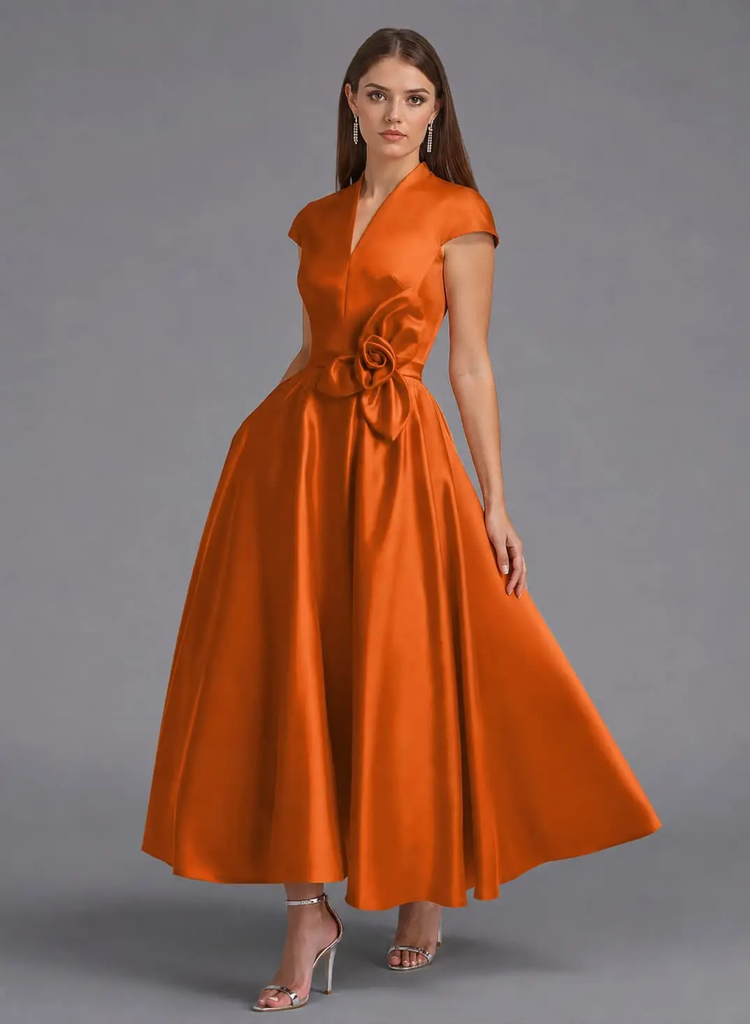 Classic V-Neck Short Sleeves Flower(s) A-Line Ankle-Length Satin Bridesmaid Dresses With Pockets Classic V-Neck Short Sleeves Flower(s) A-Line Ankle-Length Satin Bridesmaid Dresses With Pockets