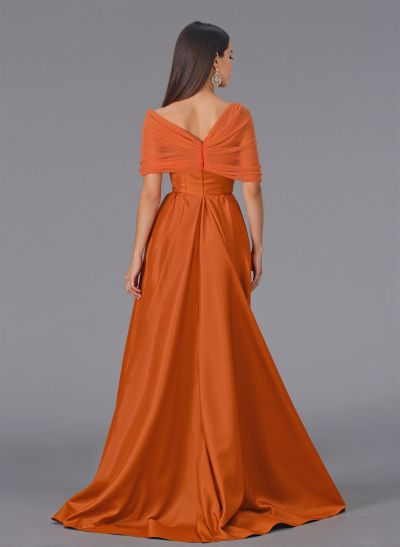 Elegant Tulle Asymmetrical Neckline Satin Bridesmaid Dresses With Split Front/Sweeping Side Drape