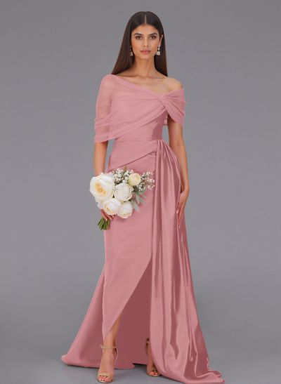 Elegant Tulle Asymmetrical Neckline Satin Bridesmaid Dresses With Split Front/Sweeping Side Drape