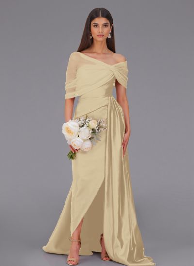 Elegant Tulle Asymmetrical Neckline Satin Bridesmaid Dresses With Split Front/Sweeping Side Drape