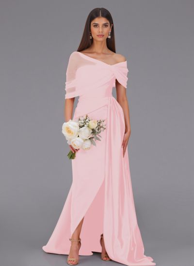 Elegant Tulle Asymmetrical Neckline Satin Bridesmaid Dresses With Split Front/Sweeping Side Drape