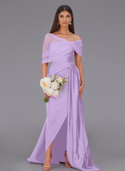 Elegant Tulle Asymmetrical Neckline Satin Bridesmaid Dresses With Split Front/Sweeping Side Drape