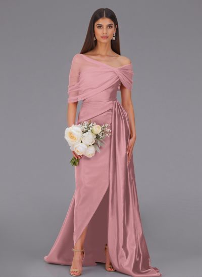 Elegant Tulle Asymmetrical Neckline Satin Bridesmaid Dresses With Split Front/Sweeping Side Drape