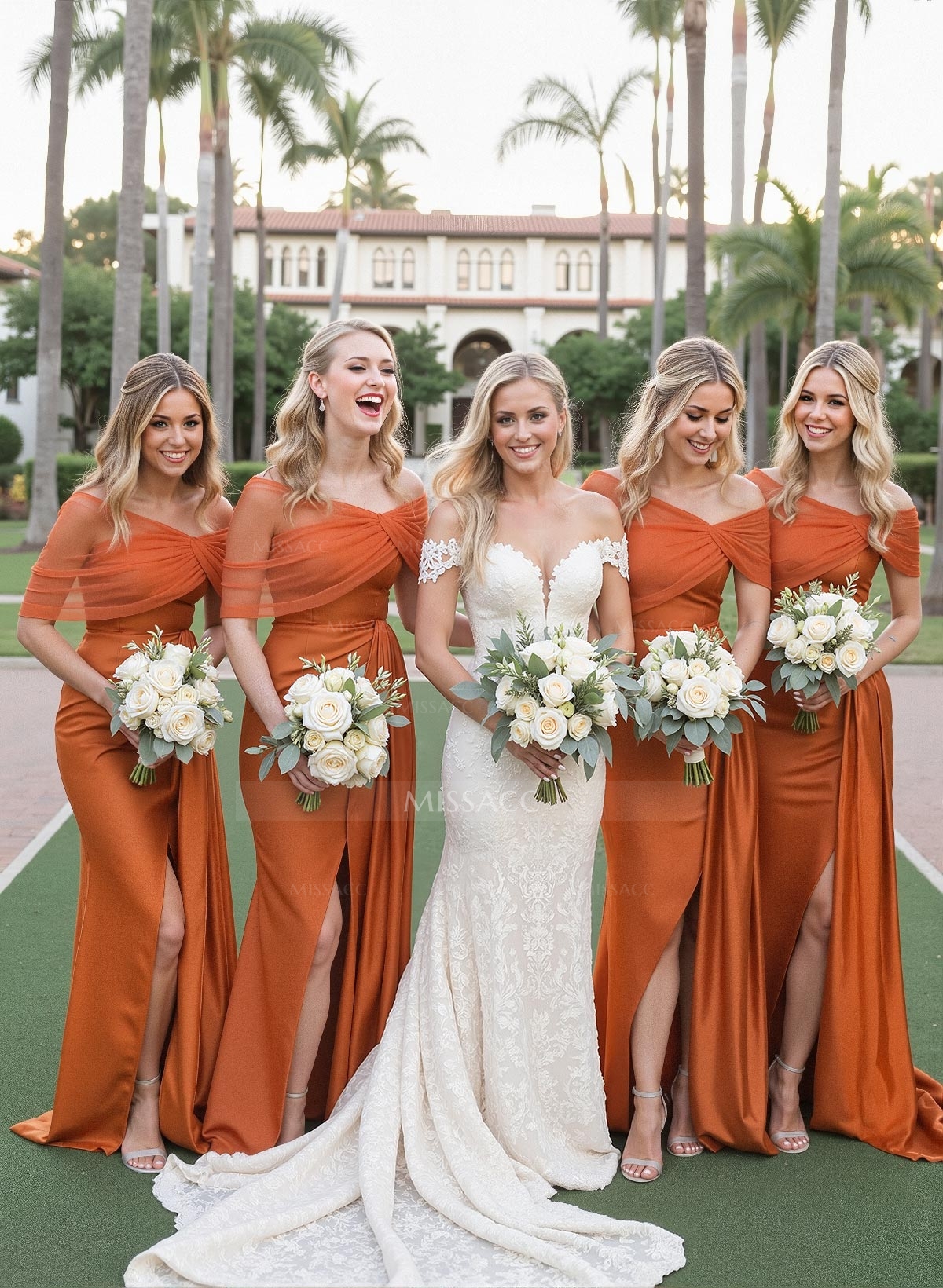 Elegant Tulle Asymmetrical Neckline Satin Bridesmaid Dresses With Split Front/Sweeping Side Drape