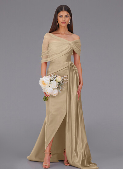 Elegant Tulle Asymmetrical Neckline Satin Bridesmaid Dresses With Split Front/Sweeping Side Drape