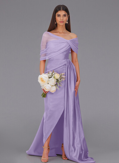 Elegant Tulle Asymmetrical Neckline Satin Bridesmaid Dresses With Split Front/Sweeping Side Drape