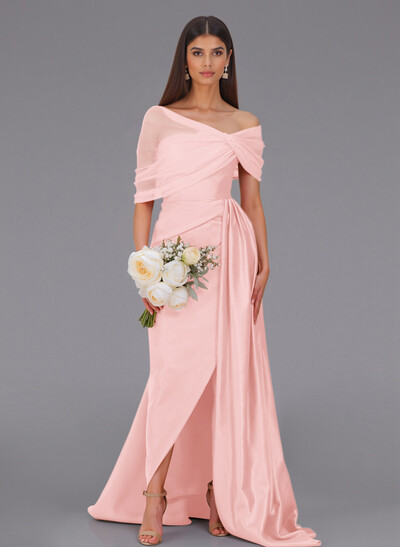 Elegant Tulle Asymmetrical Neckline Satin Bridesmaid Dresses With Split Front/Sweeping Side Drape