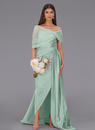 Elegant Tulle Asymmetrical Neckline Satin Bridesmaid Dresses With Split Front/Sweeping Side Drape