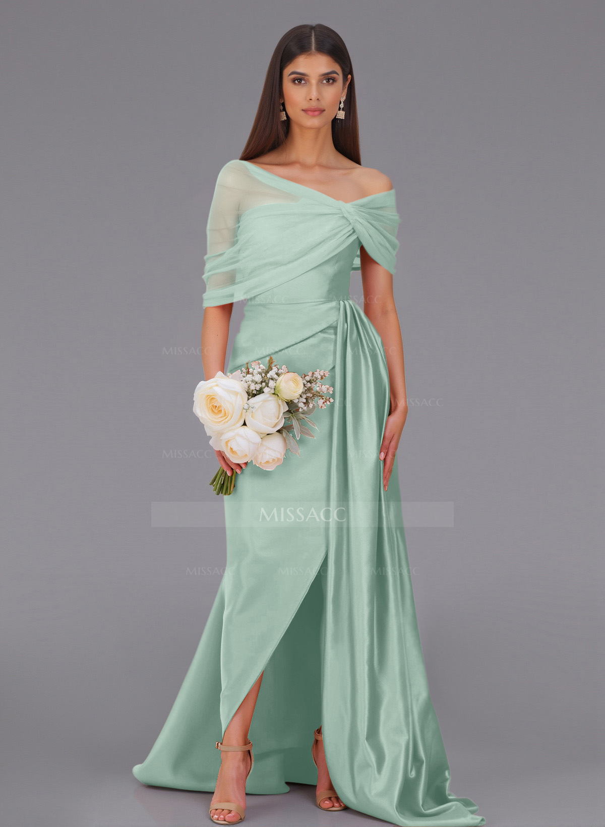 Elegant Tulle Asymmetrical Neckline Satin Bridesmaid Dresses With Split Front/Sweeping Side Drape