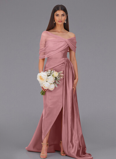 Elegant Tulle Asymmetrical Neckline Satin Bridesmaid Dresses With Split Front/Sweeping Side Drape
